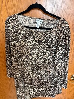 Chico's Travelers Abstract Animal-Print Top in Brown and Cream